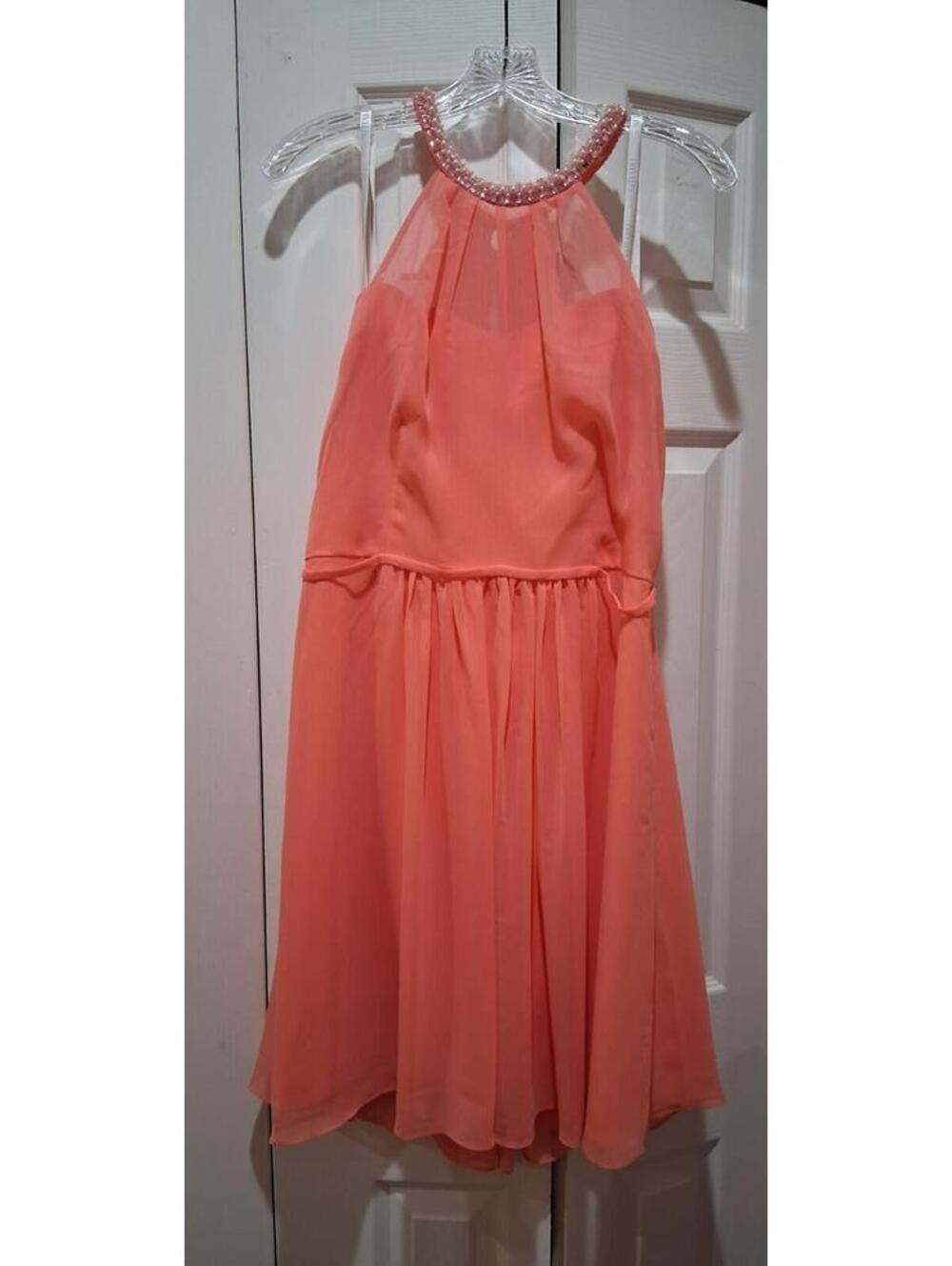 David's Bridal Coral Reef Chiffon Beaded Illusion Halter Bridesmaid Dress 14